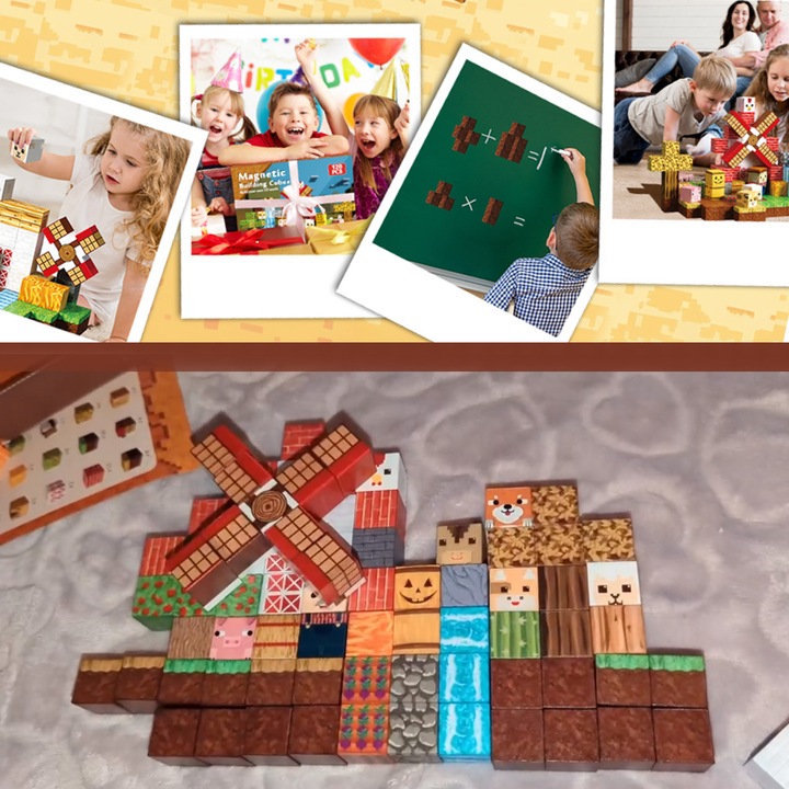 KLOCKI MAGNETYCZNE KLOCKI SZEŚCIANY FARMA 150 KLOCKÓW PIKSELE DLA DZIECI