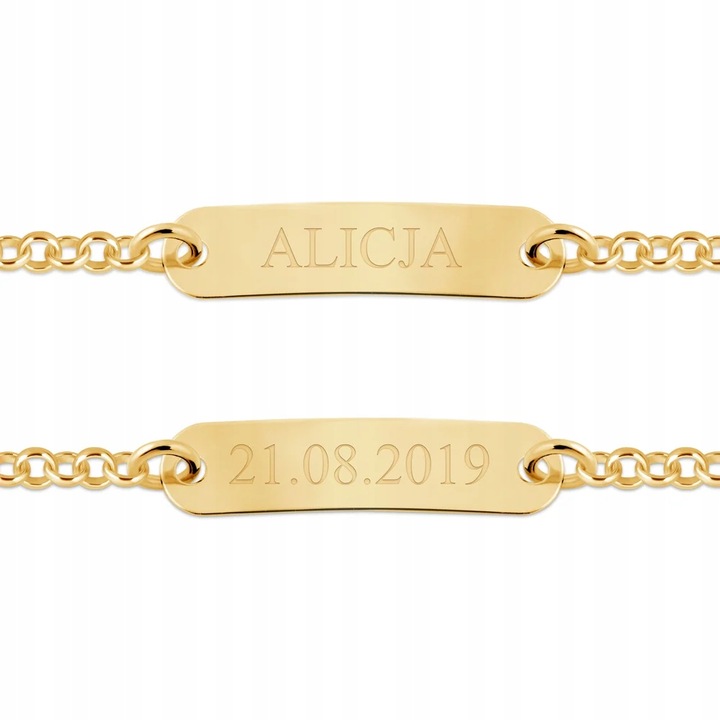 Bransoletka Srebrna 925 Złocona z Grawerem Koniczynka Prezent na Chrzest