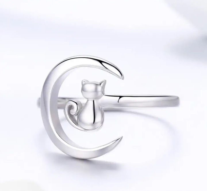 Pierścionek Srebrny 925 Kot Księżyc Pierścionek