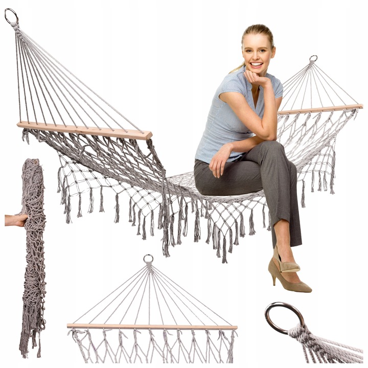 HAMAK OGRODOWY SIATKA MAKRAMA WISZĄCY LEŻAK BOHO FRĘDZLE 200 CM SZARY DUŻY