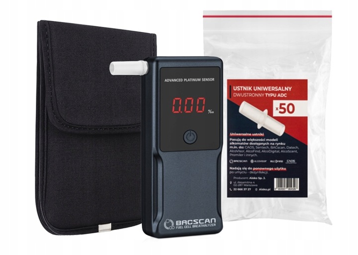 PRECYZYJNY Alkomat BACscan F-50 Ultra z kalibracją Zestaw PRO+ 50 ustników