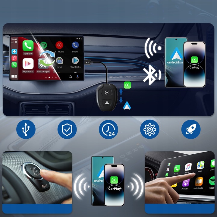 2 W 1 BEZPRZEWODOWY ANDROID AUTO i CARPLAY iPHONE ADAPTER WIFI BT XSTORM