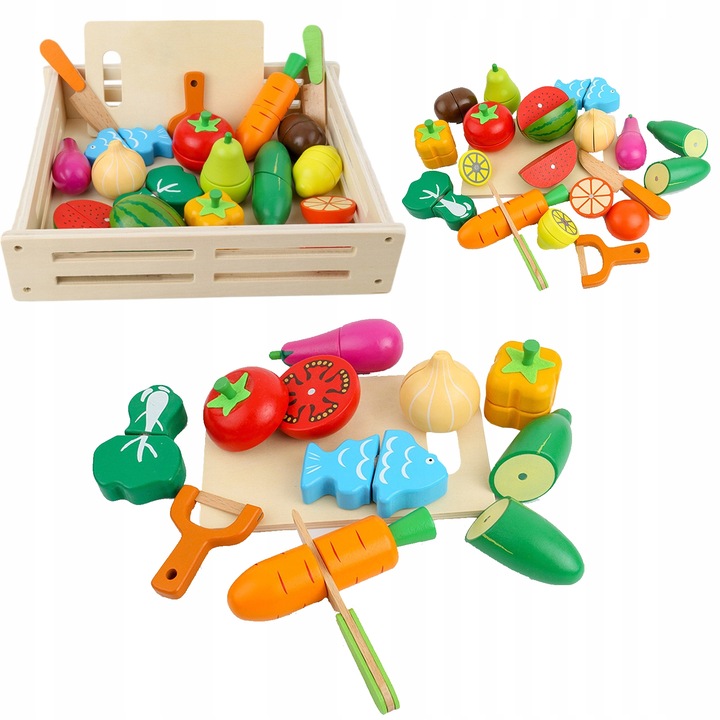 DREWNIANE WARZYWA I OWOCE NA MAGNES ZESTAW DO KROJENIA ZABAWKA EDUKACYJNA