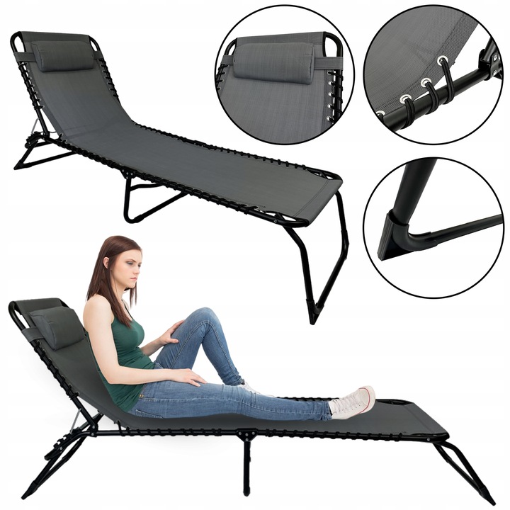 LEŻAK SKŁADANY OGRODOWY ŁÓŻKO POLOWE Z PODUSZKĄ TURYSTYCZNE RELAX C. SZARY