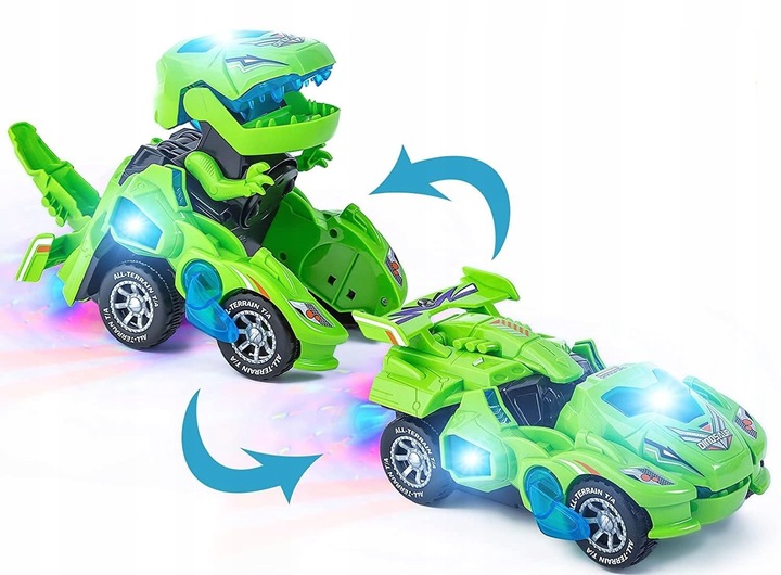 AUTO ROBOT DINOZAUR ZMIENIA JEŹDZI GRA ŚWIECI LED
