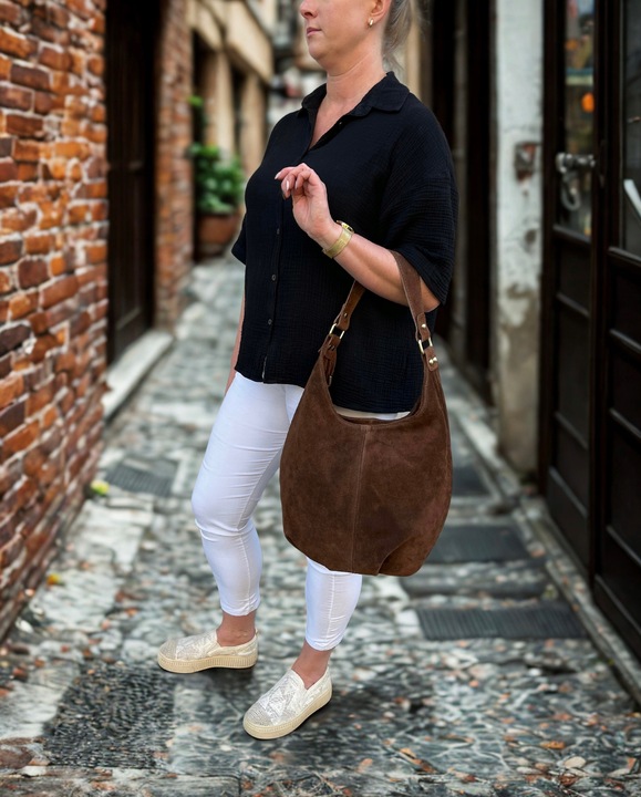 BRĄZOWA ZAMSZOWA TOREBKA WOREK CZEKOLADOWA TOREBKA ZAMSZ NATURALNY NA ZAMEK