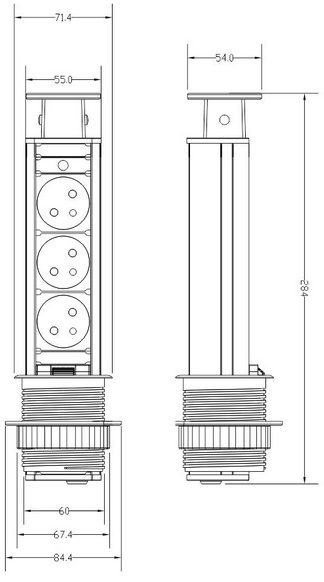 GNIAZDO POTRÓJNE WPUSZCZANE CHOWANE W BLAT NABLATOWE GNIAZDKO SREBRNE 60mm
