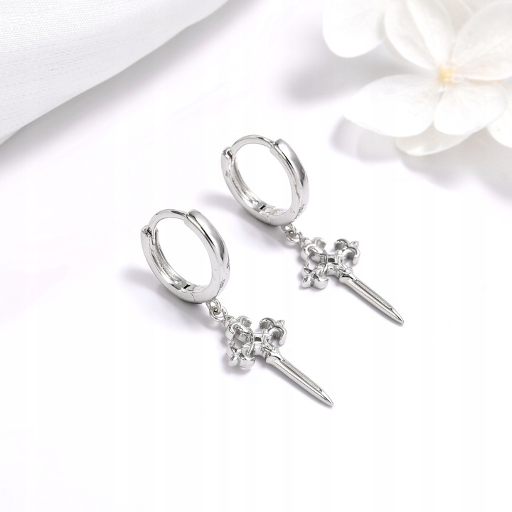 Kolczyki srebrne wiszące krzyże gotyckie kółka rodowane srebro próba 925