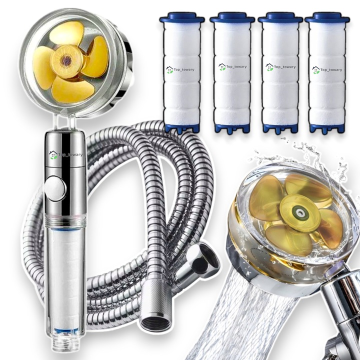 OSZCZĘDNA TURBO SŁUCHAWKA PRYSZNICOWA Z TURBINĄ WENTYLATOREM +WĄŻ+4xFILTR