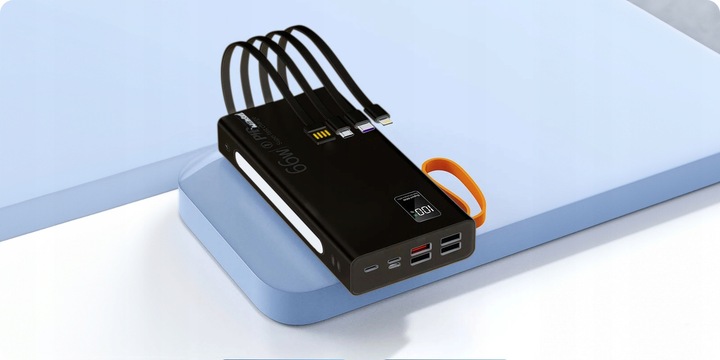 MOCNY POWERBANK 30000MAH 66W LATARKA LCD LED 4 USB USB-C + KABEL 3W1
