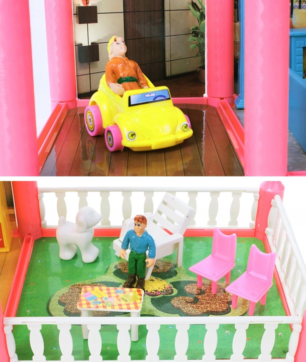 DOMEK DLA LALEK WILLA RÓZOWA MEBLE LALKI LALECZKI TARAS SAMOCHÓD DO ZABAWY