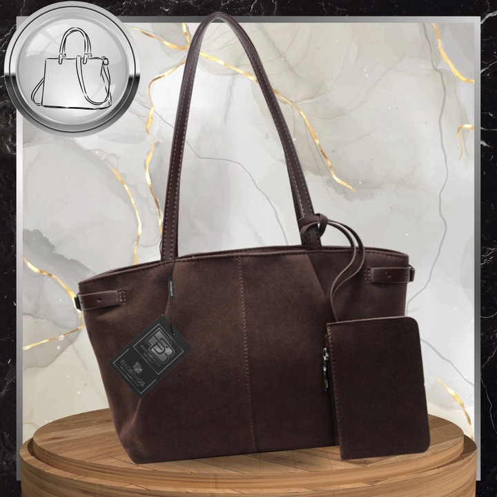 Torebka Shopper Damska Zamszowa A4 Na Ramię Brązowa Torba Elegancka Pojemna