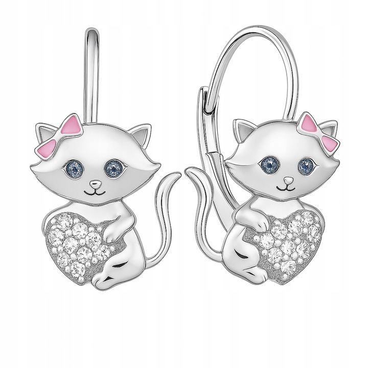 Srebrne kolczyki wiszące dla dziewczynki kotki serce srebro próba 925