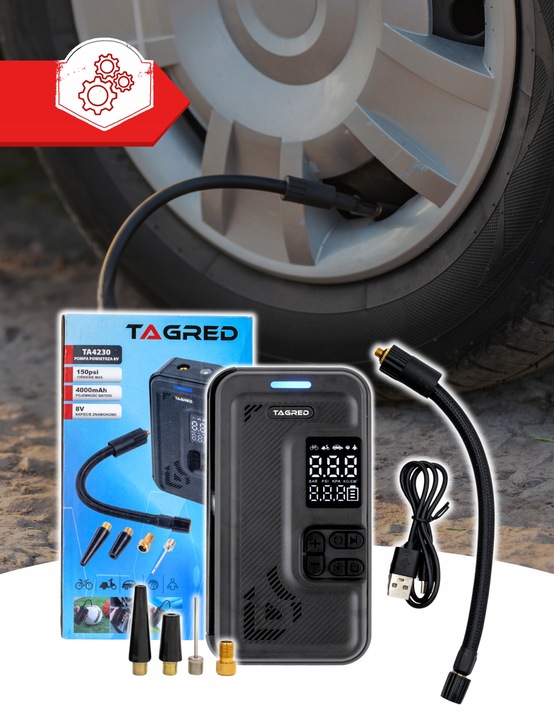 KOMPRESOR SAMOCHODOWY Pompka Elektryczna Sprężarka do kół 8V 4000mAh LCD