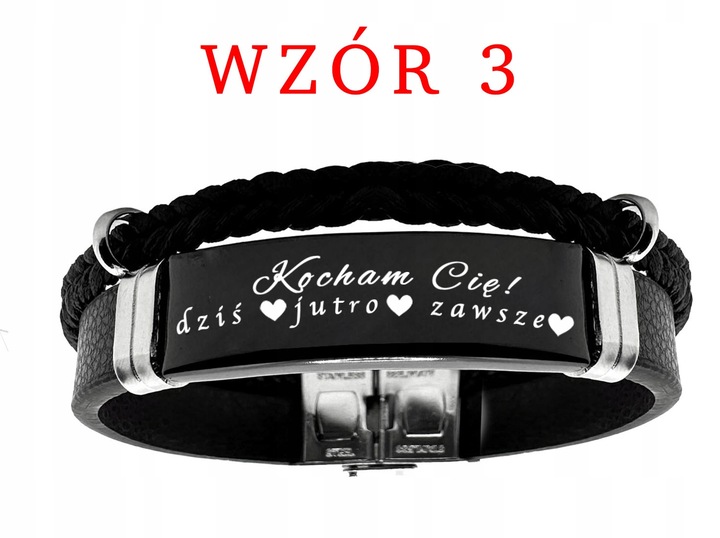 Bransoletka męska SKÓRZANA z GRAWEREM czarna STAL prezent + GRAWER GRATIS