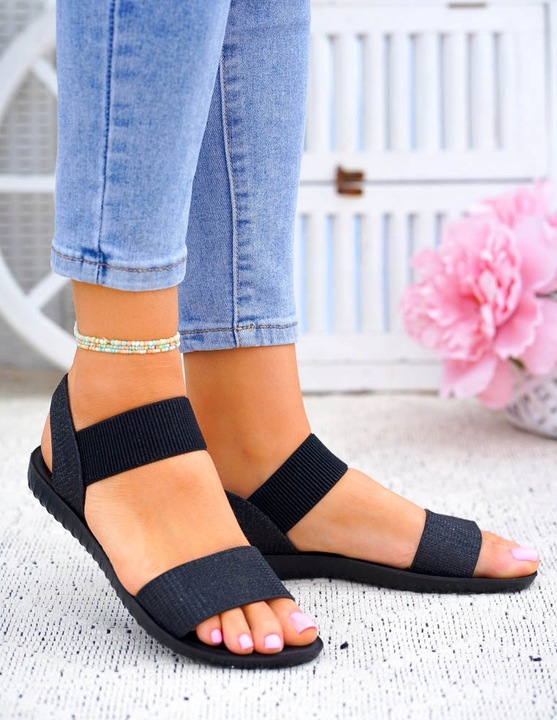 Czarne Sandały Na Gumki Płaski Spód 38