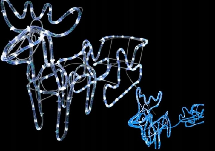 Renifer Świąteczny z Saniami Figurka Świecący LED NIEBIESKI Zewnętrzny Duży