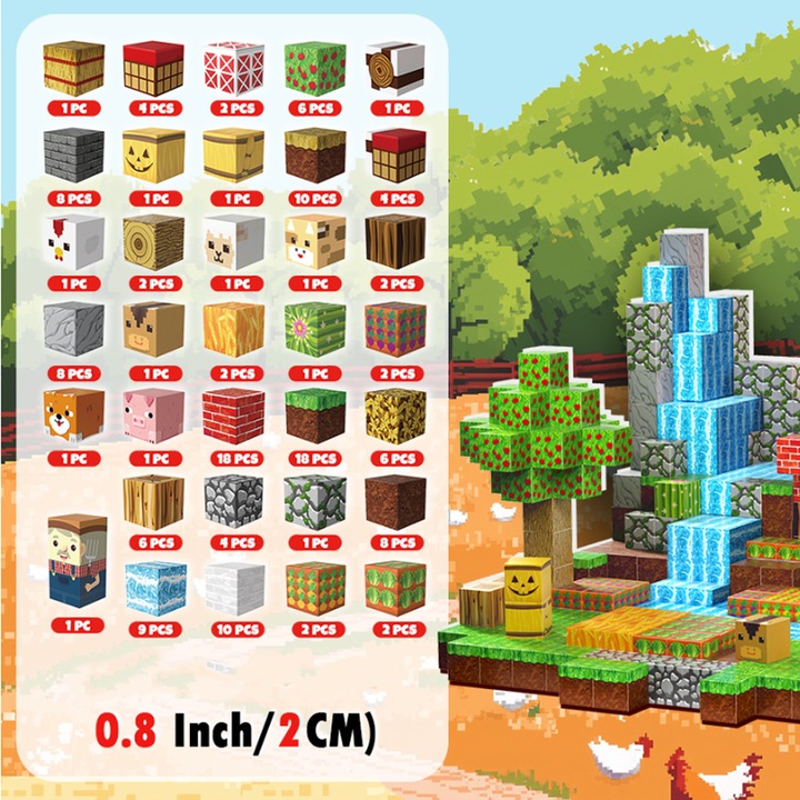 KLOCKI MAGNETYCZNE KLOCKI SZEŚCIANY FARMA 150 KLOCKÓW PIKSELE DLA DZIECI