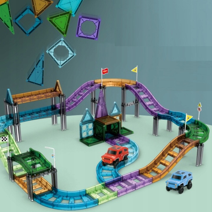 KLOCKI MAGNETYCZNE DLA DZIECI EDUKACYJNE PANELE KOLEJKA TOR + 2 AUTKA 59 EL