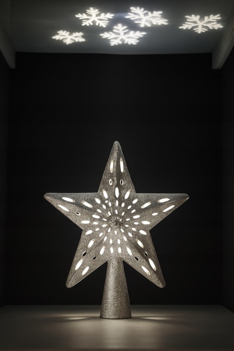 Gwiazda na choinkę LED srebrna brokatowa z projektorem płatki śniegu czubek