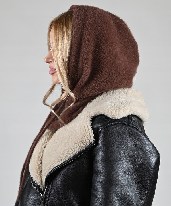 Czekoladowa Kominiarka KAPTUR komin Balaclava Czapka damska miekka zimowa