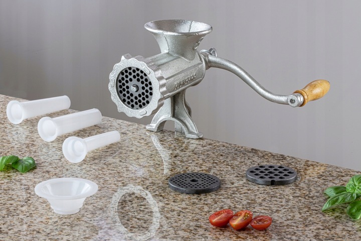 RĘCZNA MASZYNKA do MIELENIA Mięsa Żeliwna nr. 10 Nadziewarka 3 Sita Lejki