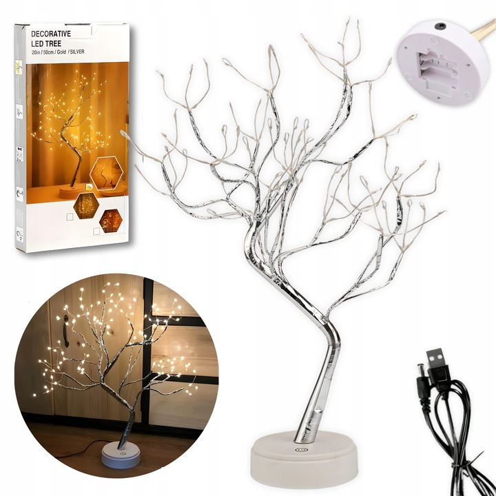 LAMPKA DRZEWKO BONSAI LED 50 CM SREBRNE CHOINKA ŚWIECĄCE USB