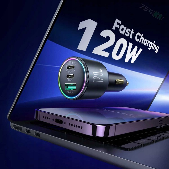 JOYROOM ŁADOWARKA SAMOCHODOWA 120W 2xUSB-C USB-A + KABEL USB-C 100W QC PD