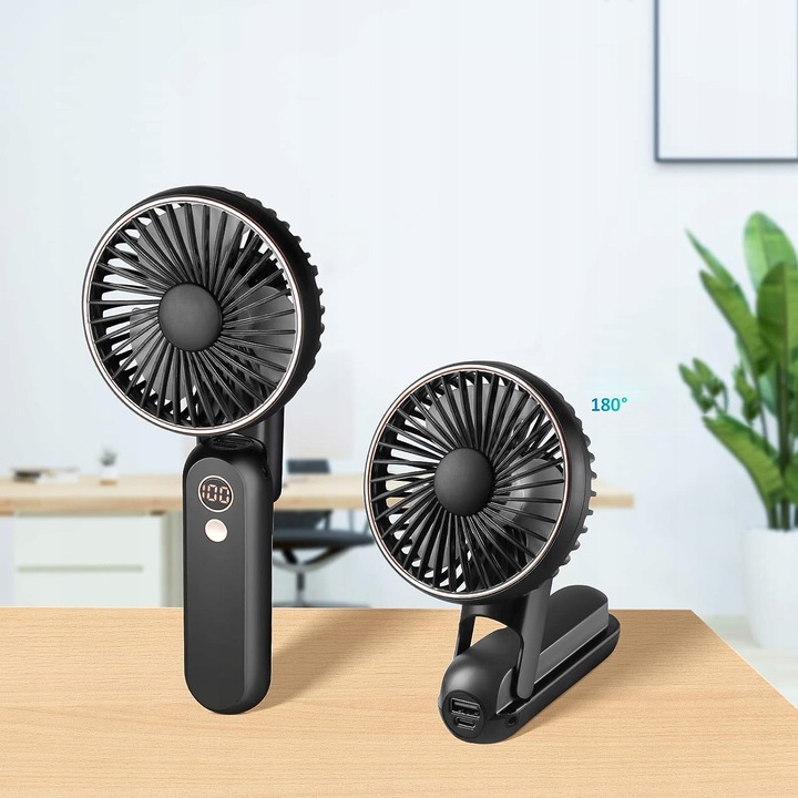 WENTYLATOR RĘCZNY MINI SKŁADANY 5 PRĘDKOŚCI NAWIEWU I 180° PRZENOŚNY CZARNY