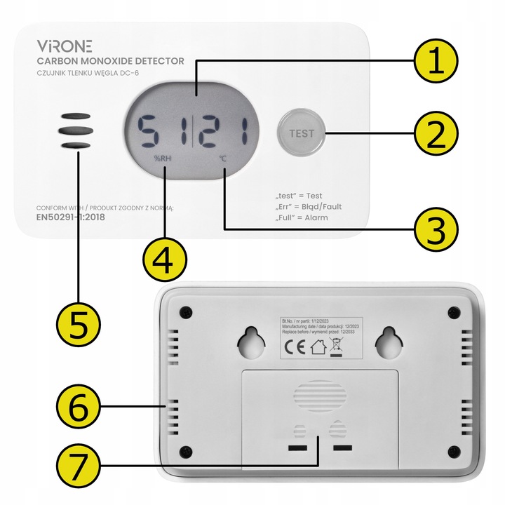 CZUJNIK CZADU DETEKTOR TLENKU WĘGLA GAZU CO 10 LAT + TERMOMETR + BATERIE