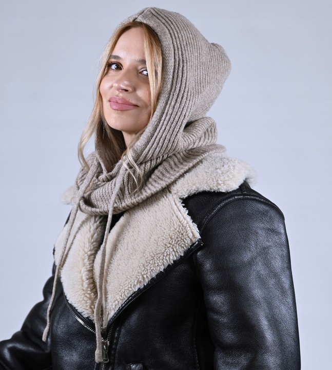 CZAPKA Kominiarka KAPTUR komin Balaclava damska ciepła miekka zimowa Latte