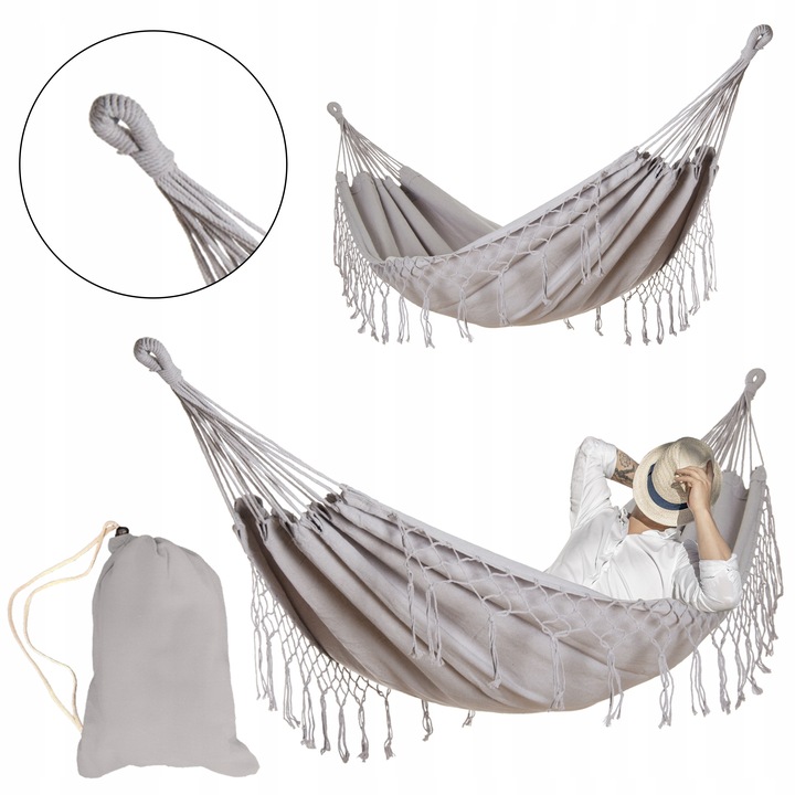 DUŻY MOCNY HAMAK OGRODOWY BOHO HUŚTAWKA MIDAS 3 100x200 SZARY + POKROWIEC