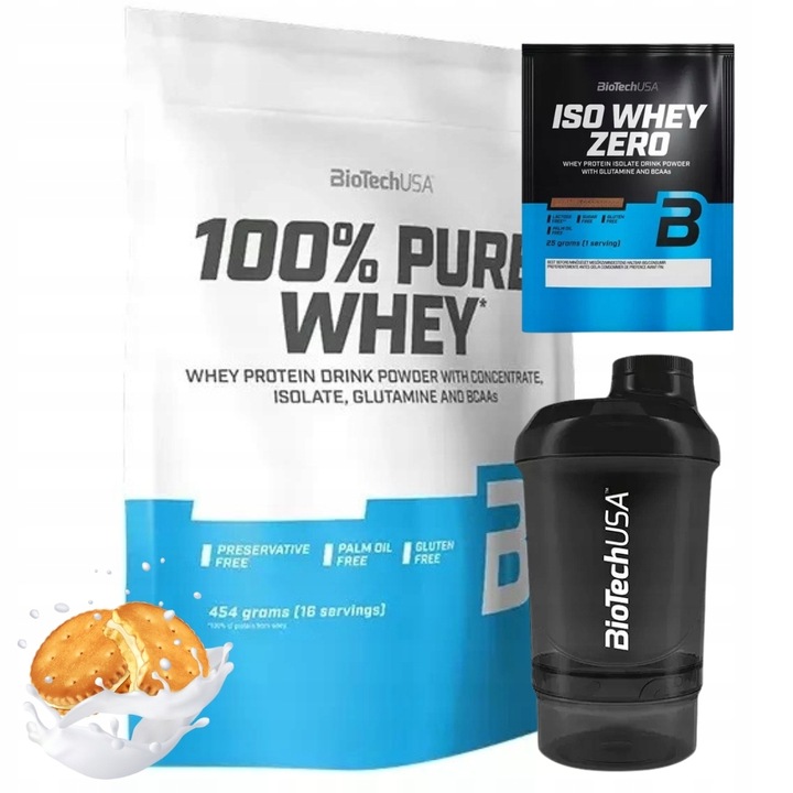 BIOTECH 100% PURE WHEY 454g BIAŁKO IZOLAT + PRÓBKA ISO WHEY ZERO + SHAKER