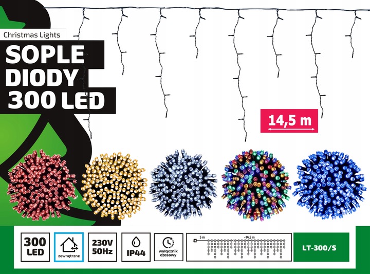 Świąteczne LAMPKI Sople ZWISAJĄCE Zewnętrzne 300LED 15m. na balkon