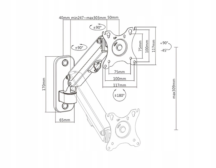 UCHWYT ŚCIENNY NA MONITOR POJEDYNCZY STANDARD VESA REGULOWANE RAMIĘ 17-27"