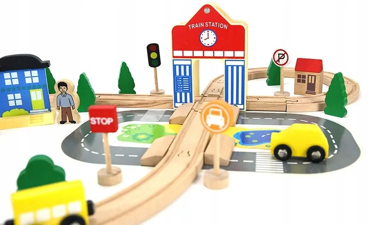 DREWNIANA KOLEJKA TOR WAGONY POCIĄG Budynki Ciuchcia Lokomotywa Zestaw