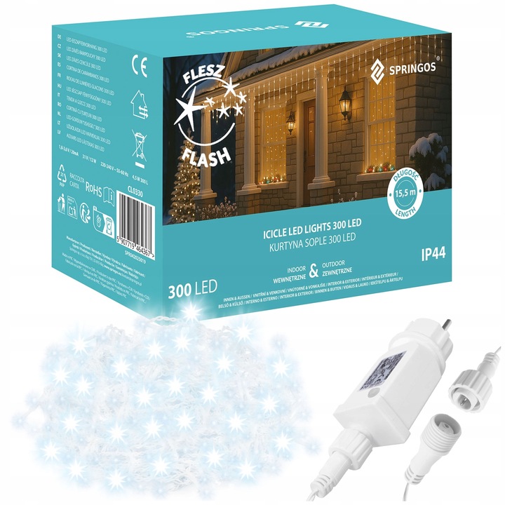 LAMPKI SOPLE CHOINKOWE 300LED KURTYNA ŚWIETLNA FLASH LED ZEWNĘTRZNY TIMER