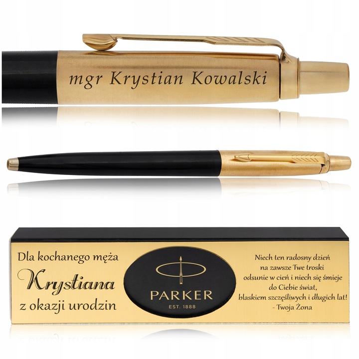 ZŁOTY DŁUGOPIS PARKER JOTTER CZARNY 24 KARATY + PUDEŁKO Z DEDYKACJĄ GRAWER