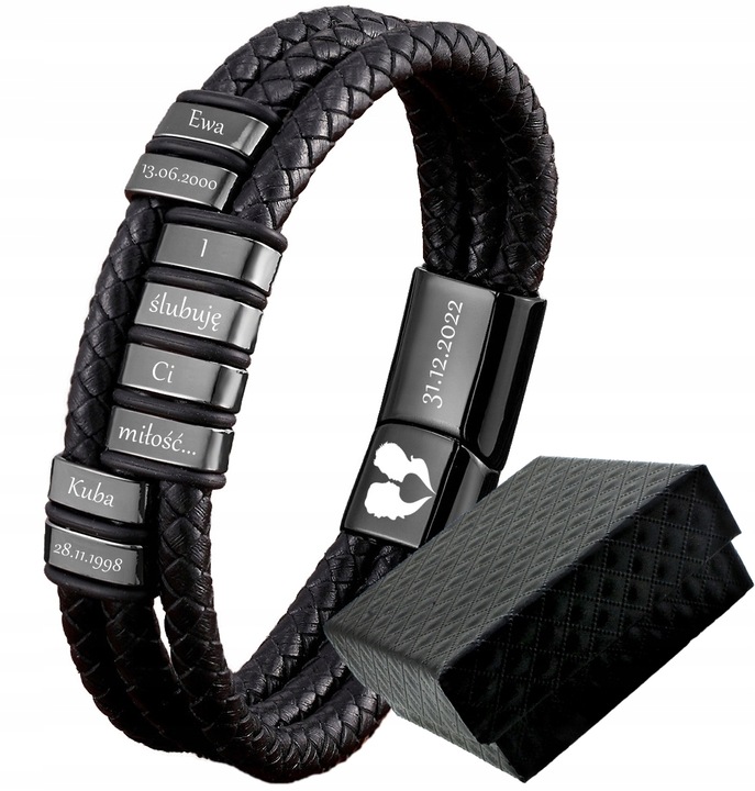 Bransoletka skórzana IMIONA daty z GRAWEREM 316L