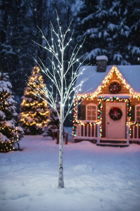 Drzewko Świąteczne Ozdobne Świecące LED BRZOZA 150 cm Lampki Białe Zimne