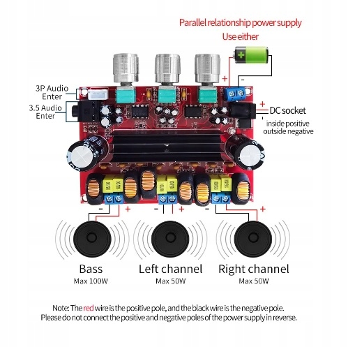 WZMACNIACZ 2.1 2x50W+100W STEREO SUBWOOFER 12-24V TPA3116D2 NE5532