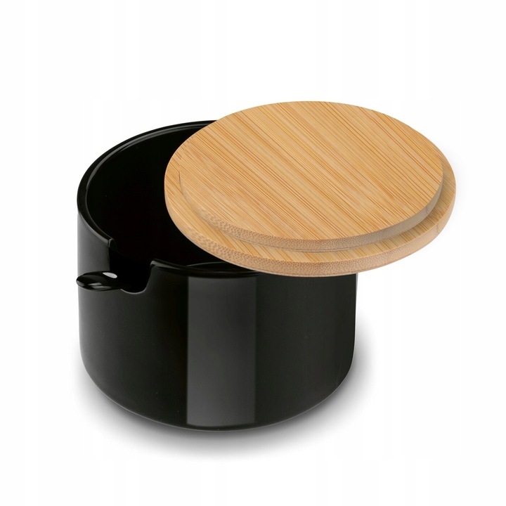 Czarna CUKIERNICA +ŁYŻECZKA pojemnik na CUKIER z bambusową POKRYWKĄ 350ml