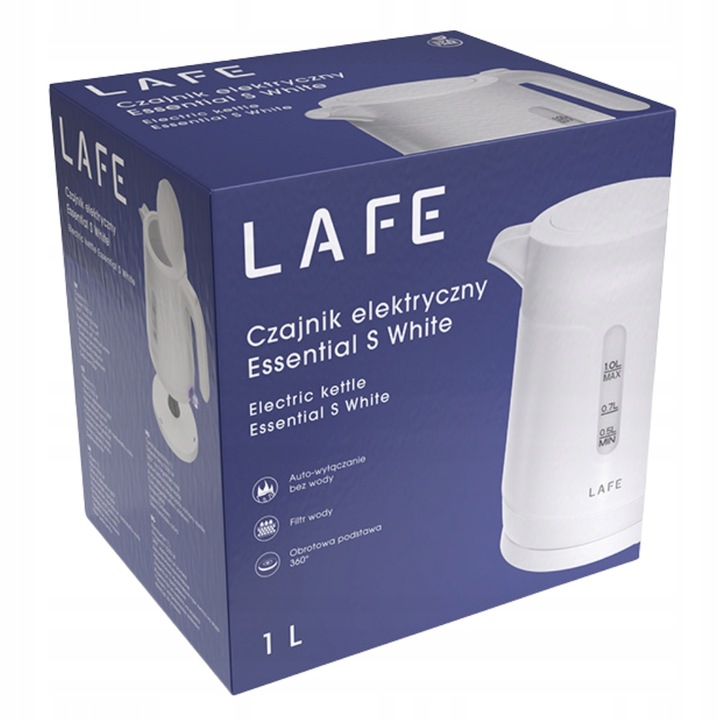 CZAJNIK LAFE ESSENTIAL S WHITE 1,0L 1500W PODSTAWA 360° AUTOMATYCZNE WYŁ.