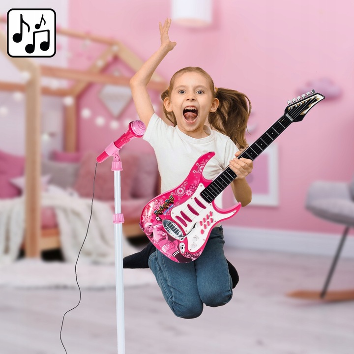GITARA ELEKTRYCZNA DUŻA DLA DZIECI Z MIKROFONEM WZMACNIACZ STATYW RÓŻOWA