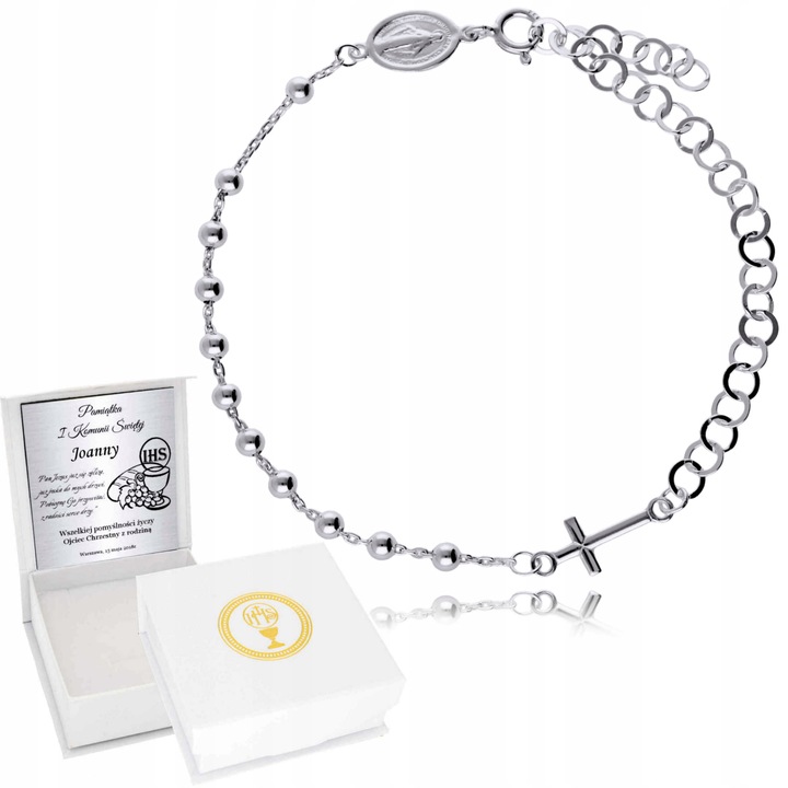 Srebrny Różaniec 925 Chrzest Komunia Święcenia Pamiątka Grawer