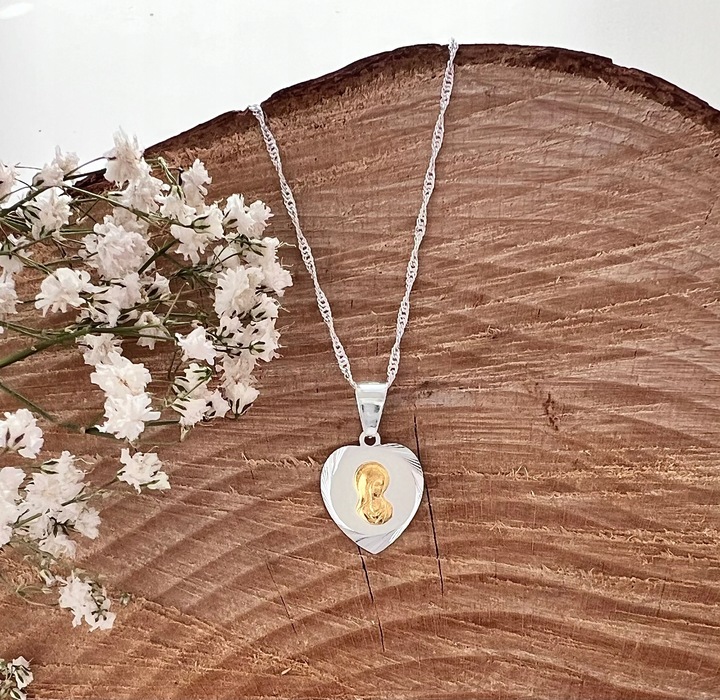 Zestaw Srebrny Łańcuszek i Medalik Serce Matka Boska Chrzest Komunia 45 cm