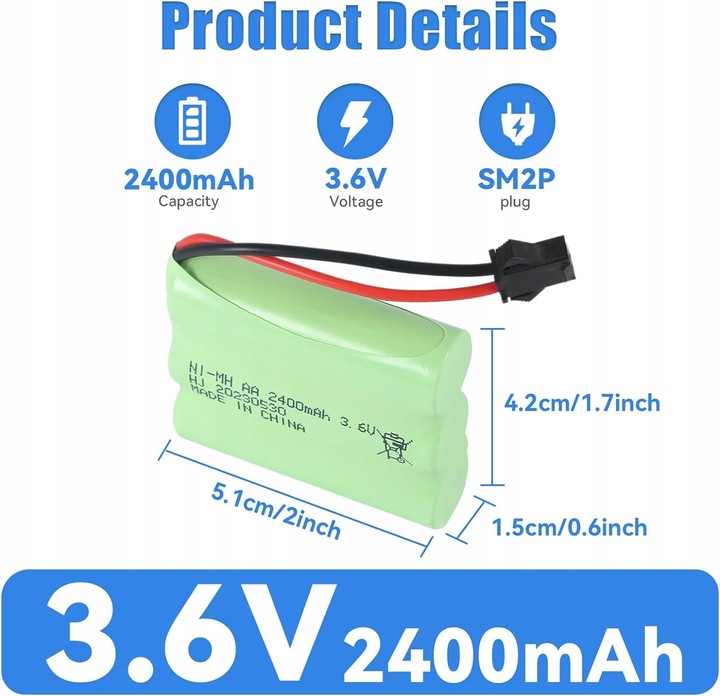 Akumulator 3.6V 2400mAh Ni-MH AA | Ładowanie przez USB | Wtyczka SM 2P