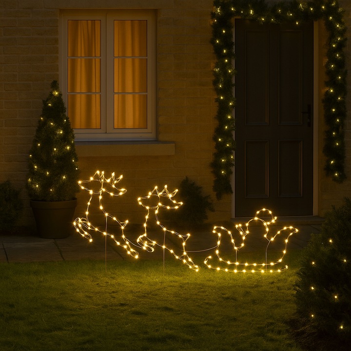OZDOBA DEKORACJA ŚWIĄTECZNA LED RENIFERY SANIE MIKOŁAJ NA BATERIE TIMER