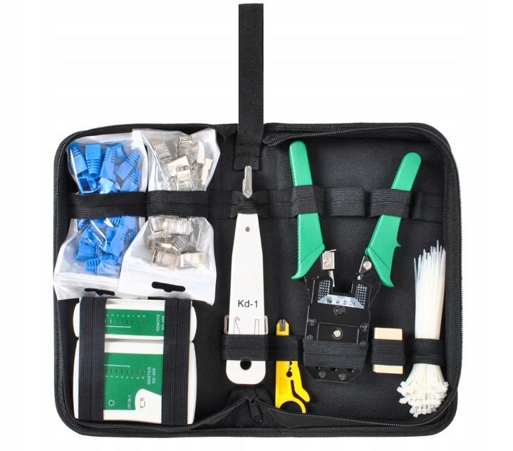 Tester RJ45 Zaciskarka Sieciowy Wciskacz Zestaw do Kabli Stripper Etui Wtyk