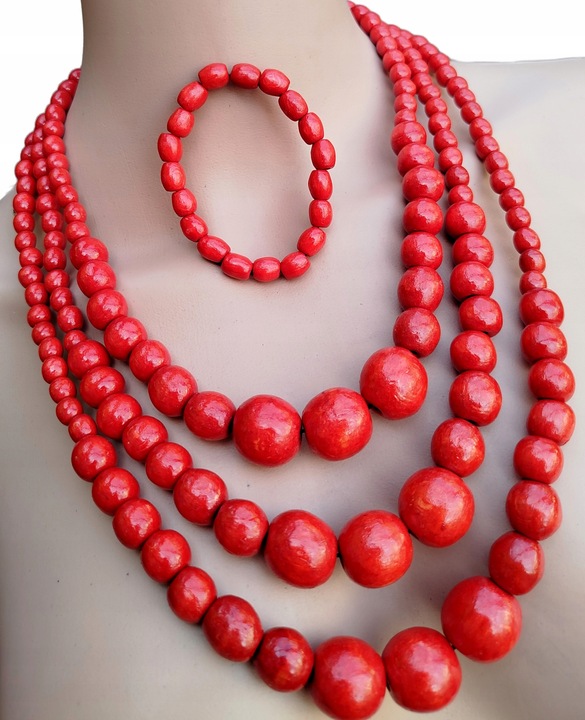 GÓRALSKIE CZERWONE KORALE DREWNIANE ZESTAW FOLK POTRÓJNE STOPNIOWANE LUDOWE